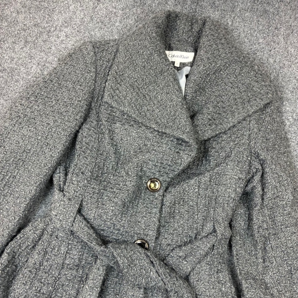 Calvin Klein Womens Size 2 Grey Boucle Belted Pea Coat Jacket